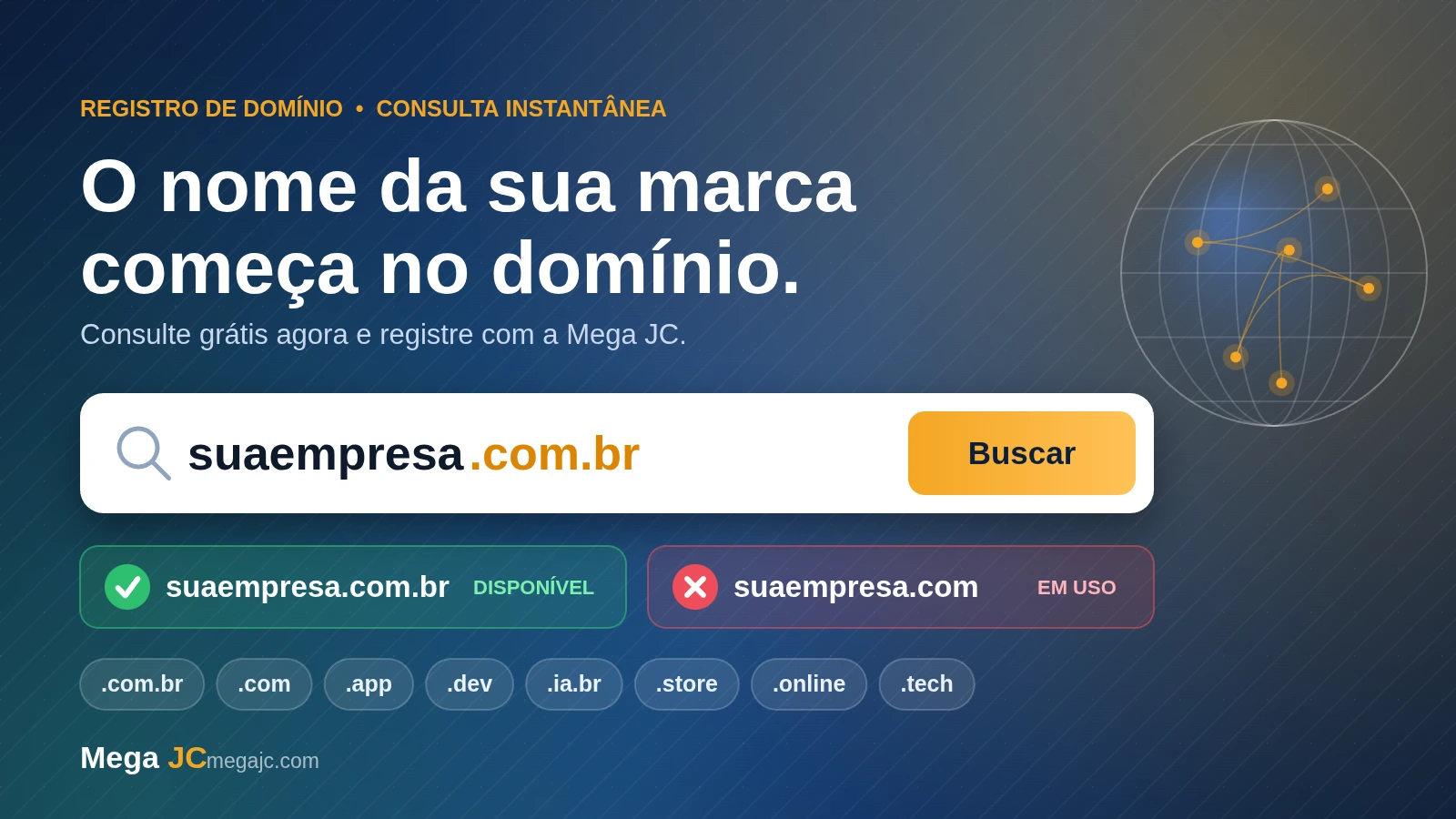 Busca de domínio mostrando suaempresa.com.br disponível e suaempresa.com em uso