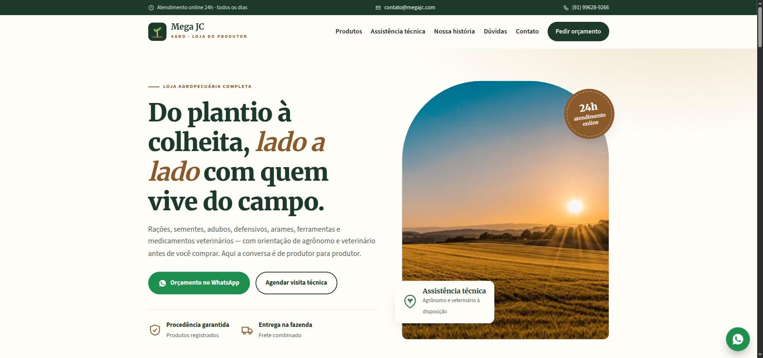 Topo do modelo 1 de site para agropecuárias criado pela Mega JC
