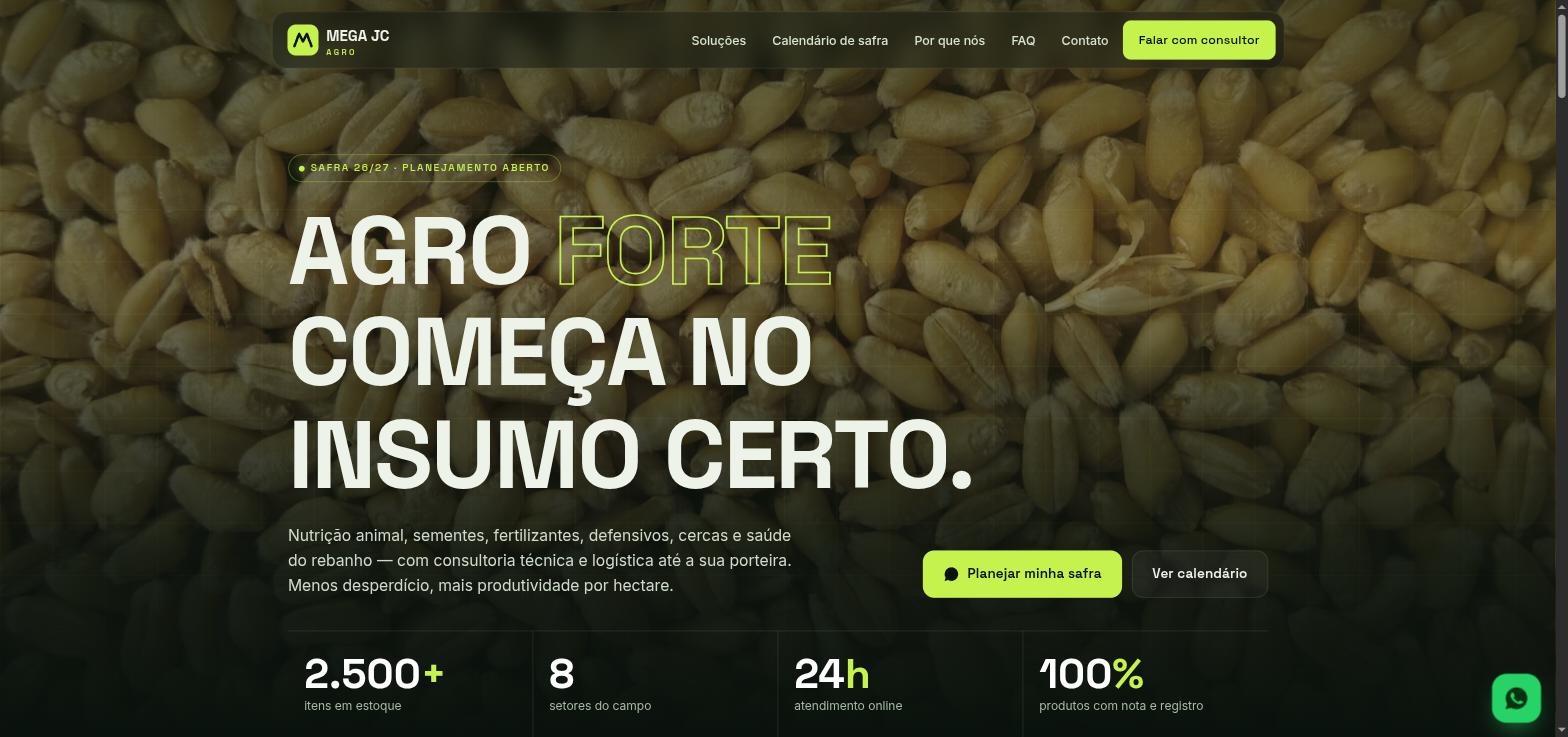 Topo do modelo 2 de site para agropecuárias criado pela Mega JC