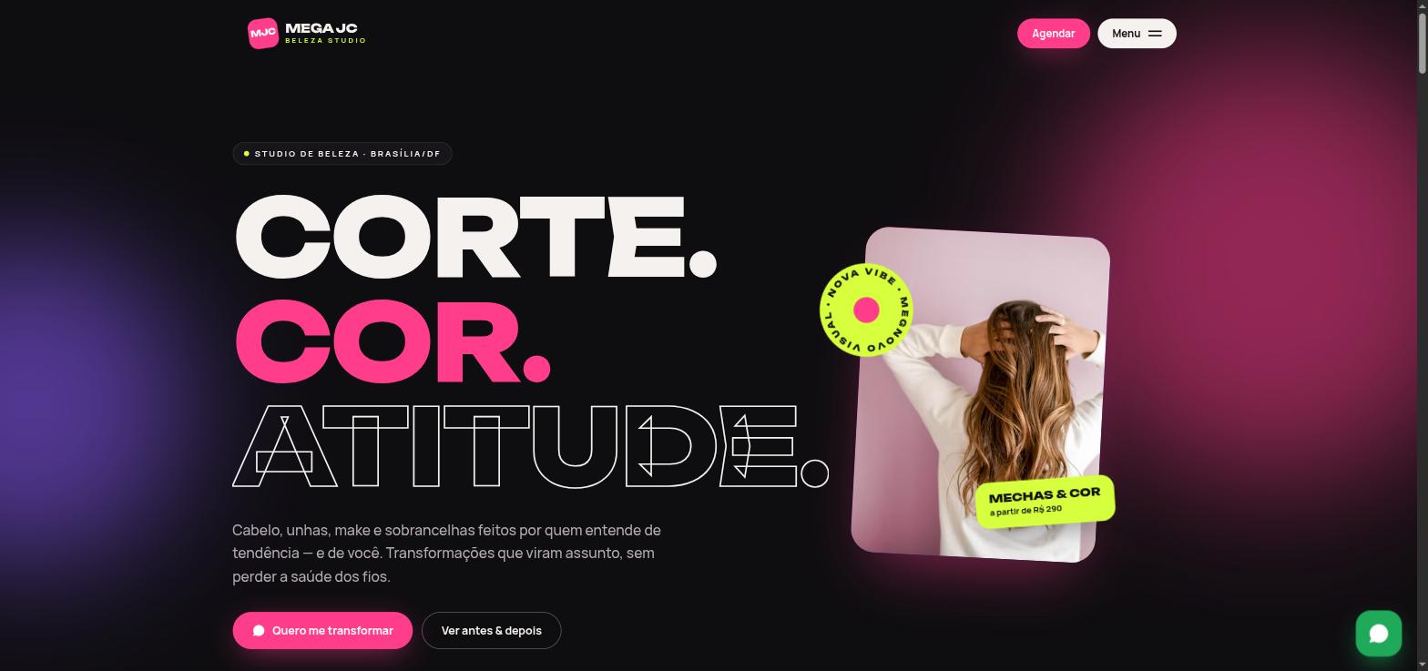 Topo do modelo 2 de site para salões de beleza e estética criado pela Mega JC