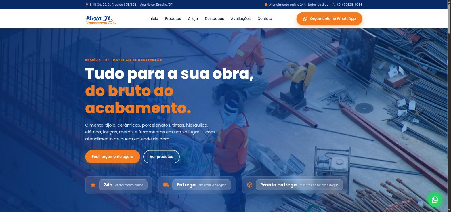 Topo do modelo 1 de site para lojas de material de construção criado pela Mega JC