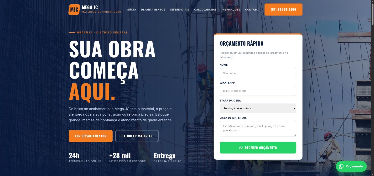 Topo do modelo 2 de site para lojas de material de construção criado pela Mega JC