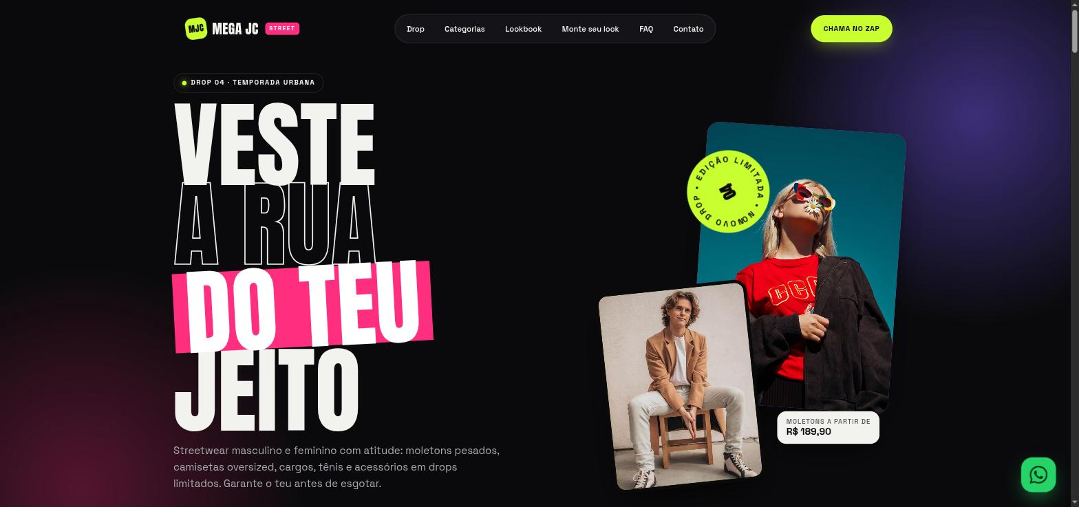 Topo do modelo 2 de site para lojas de moda criado pela Mega JC