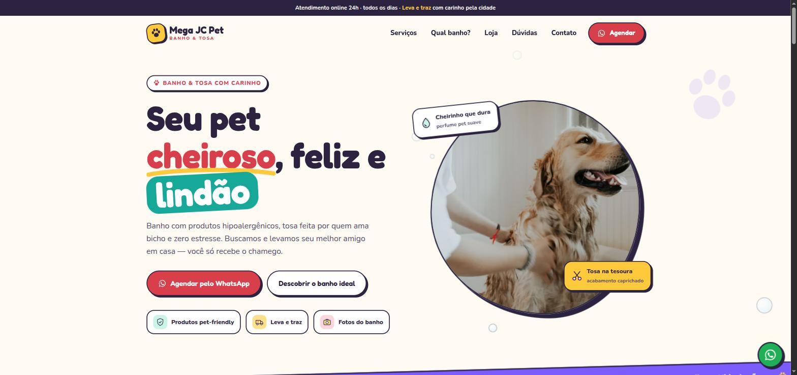 Topo do modelo 1 de site para pet shops criado pela Mega JC