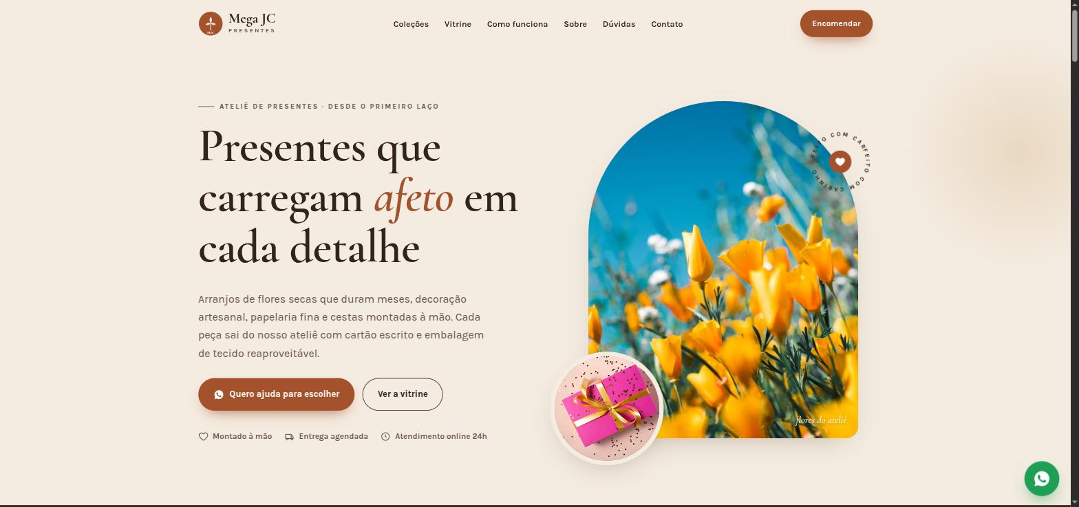 Topo do modelo 1 de site para lojas de presentes e decoração criado pela Mega JC