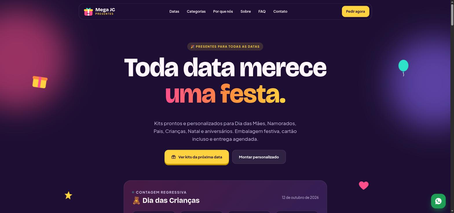 Topo do modelo 2 de site para lojas de presentes e decoração criado pela Mega JC