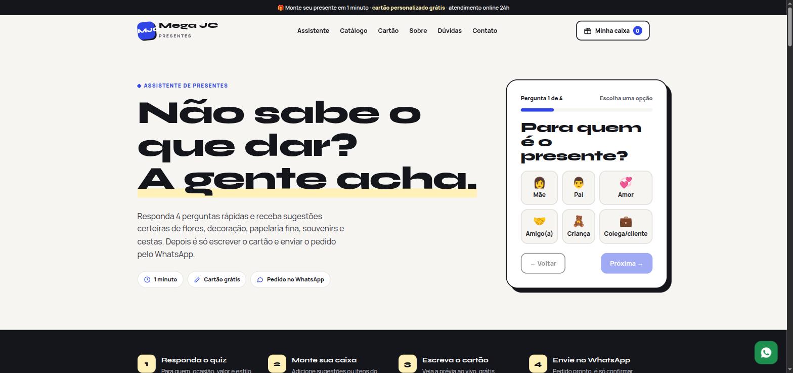 Topo do modelo 3 de site para lojas de presentes e decoração criado pela Mega JC