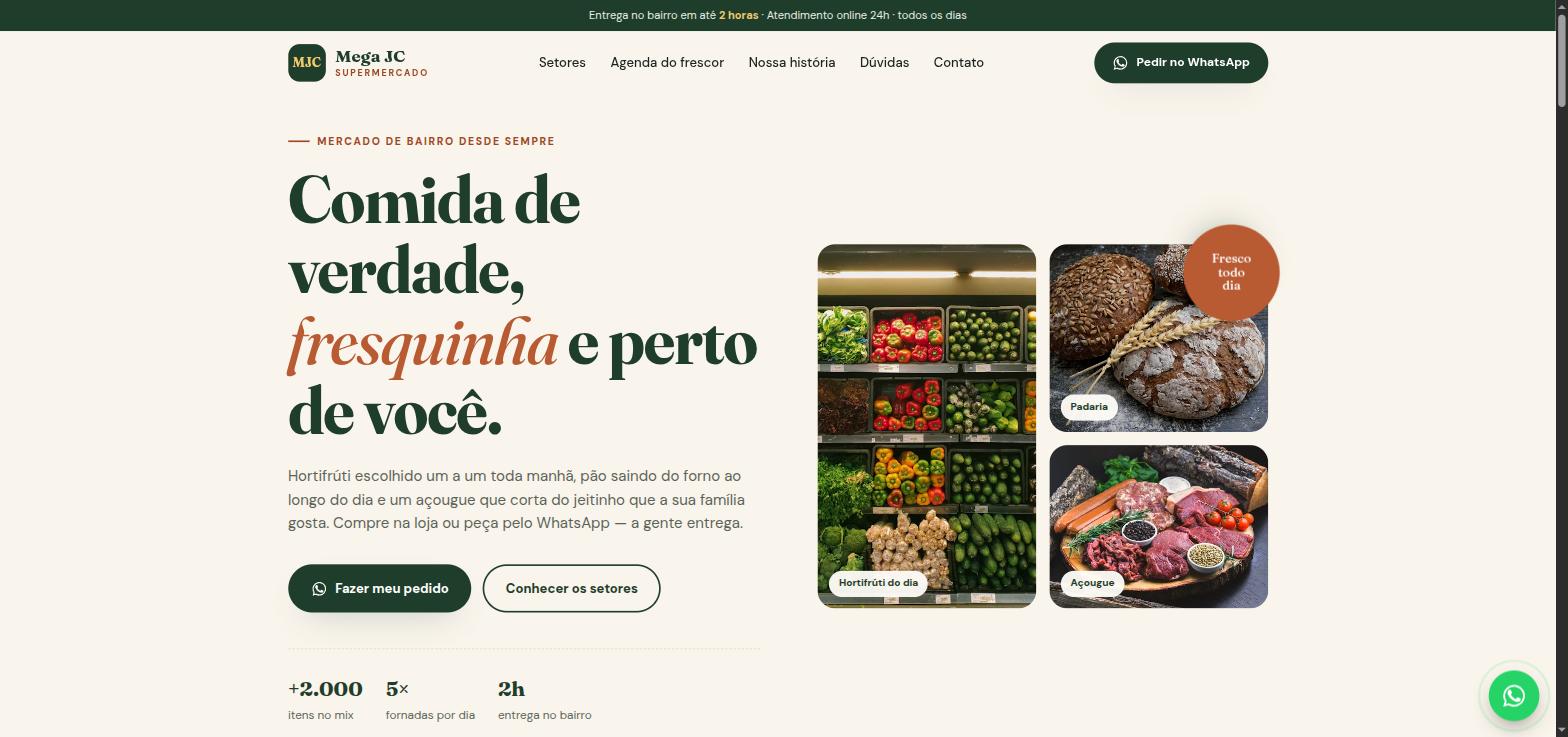 Topo do modelo 1 de site para supermercados e mercadinhos criado pela Mega JC