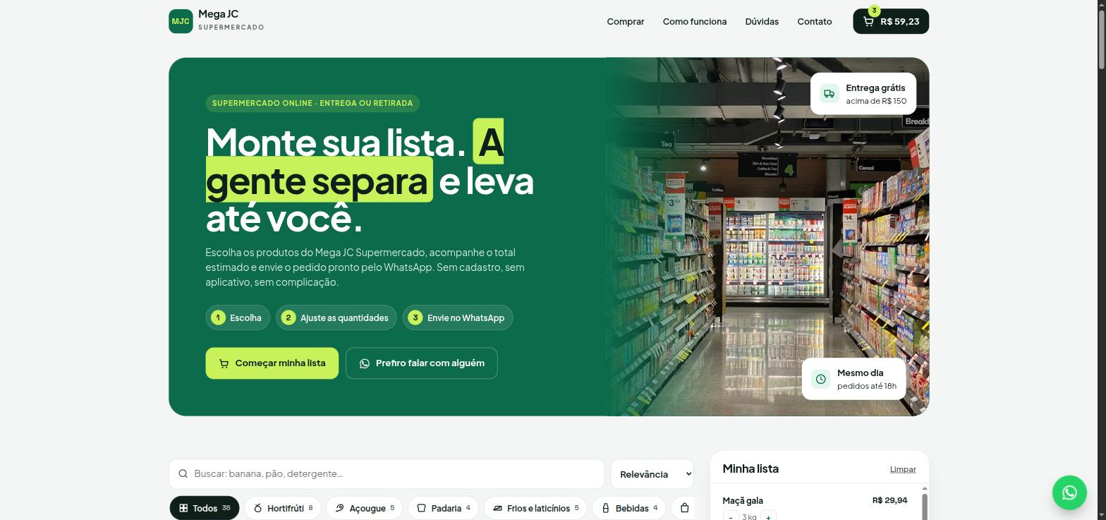 Topo do modelo 3 de site para supermercados e mercadinhos criado pela Mega JC