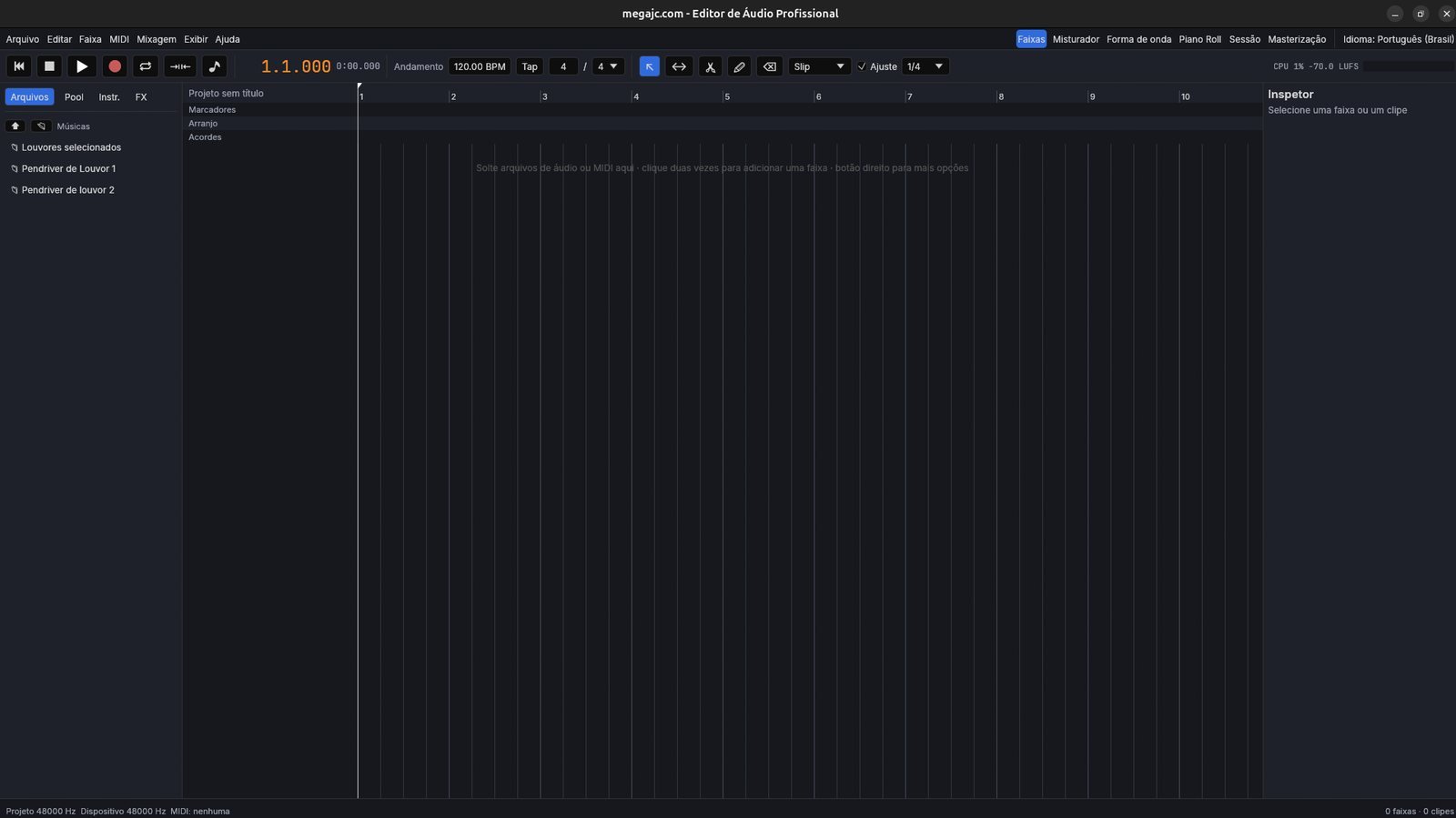 Editor de Áudio Profissional na página de faixas: navegador, linha do tempo, inspetor e medidor de loudness