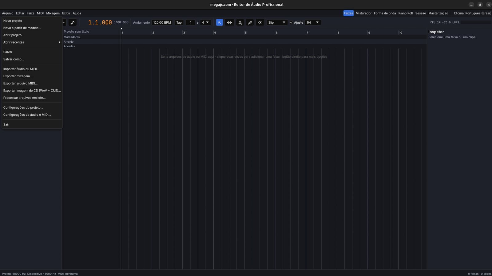 Menu Arquivo com importar áudio, exportar mixagem, imagem de CD e processar em lote