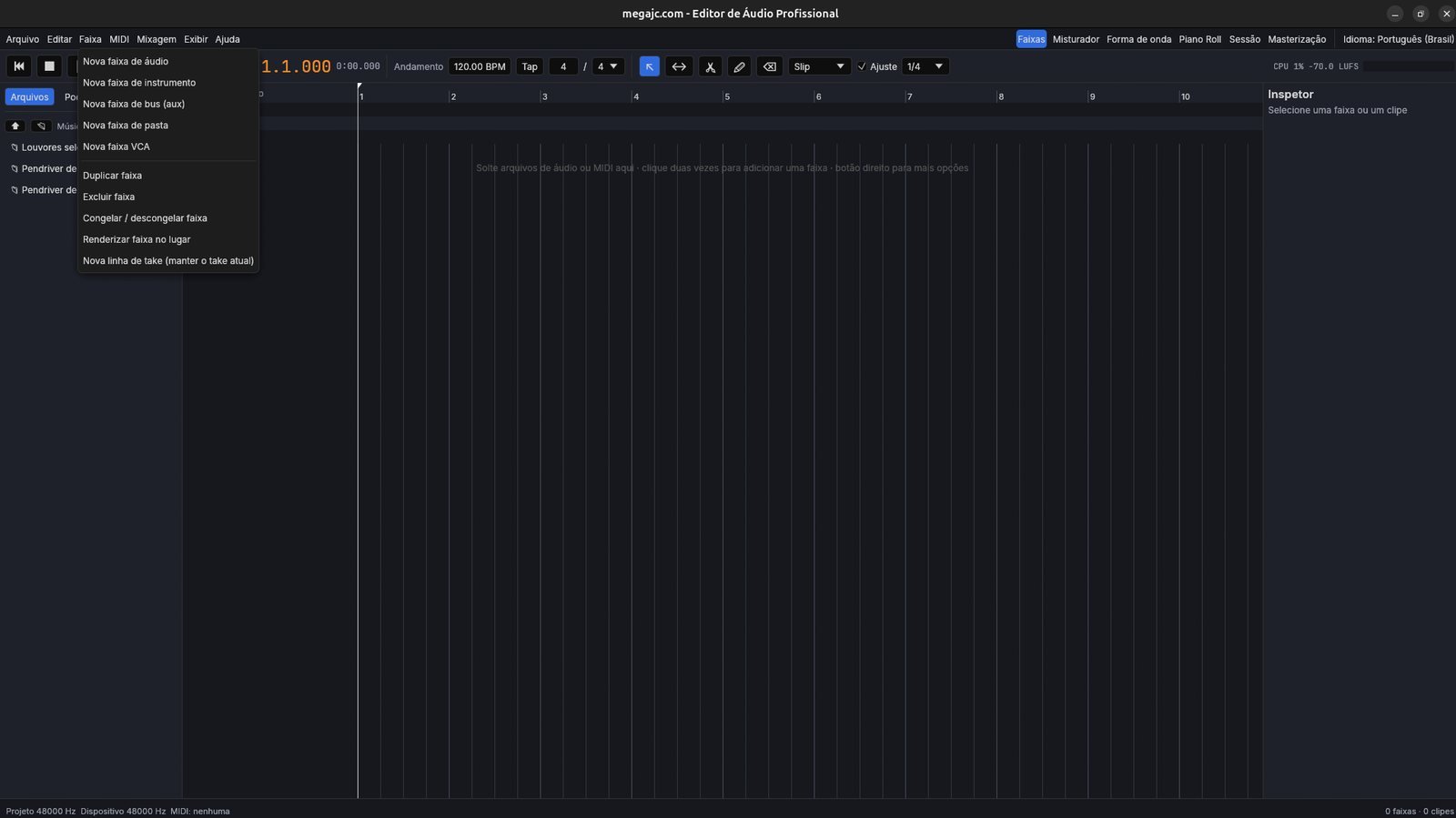 Menu Faixa do editor com novas faixas de áudio, instrumento, bus, pasta e VCA