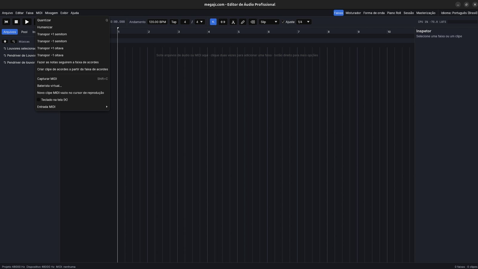 Menu MIDI com quantizar, humanizar, transpor, baterista virtual e teclado na tela