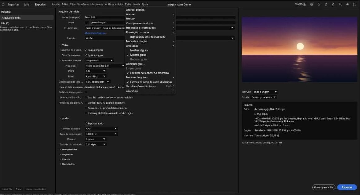 Menu Exibir com proxies, guias e multicâmera