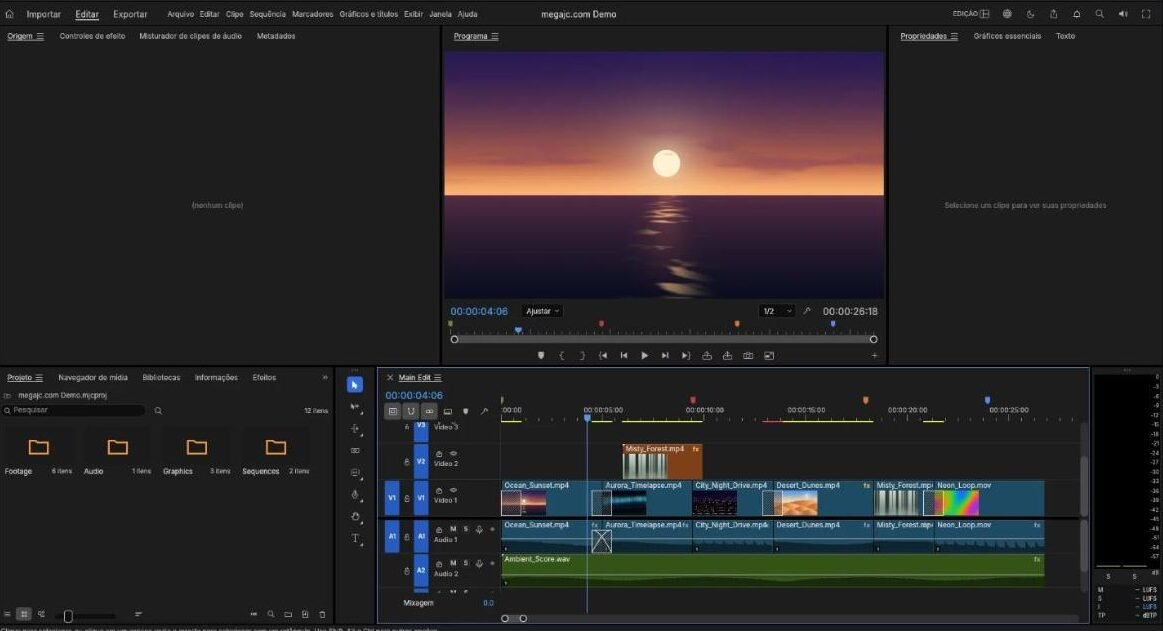 Mega JC Editor de Vídeo na página de edição: monitores, painel de projeto e linha do tempo
