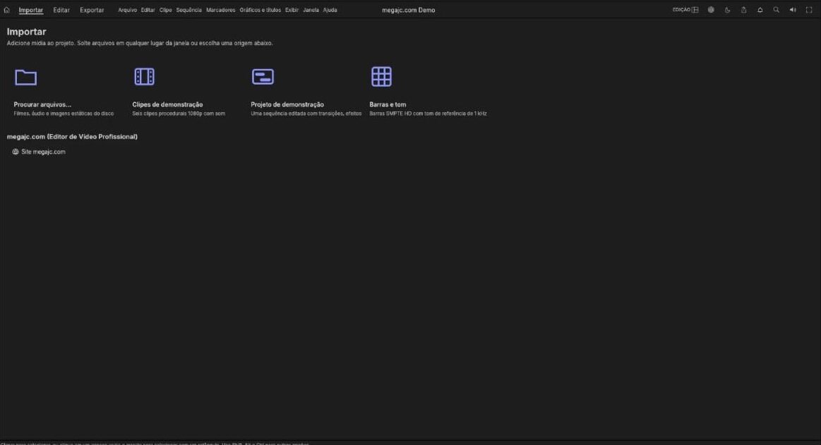Tela de importação de mídia do editor