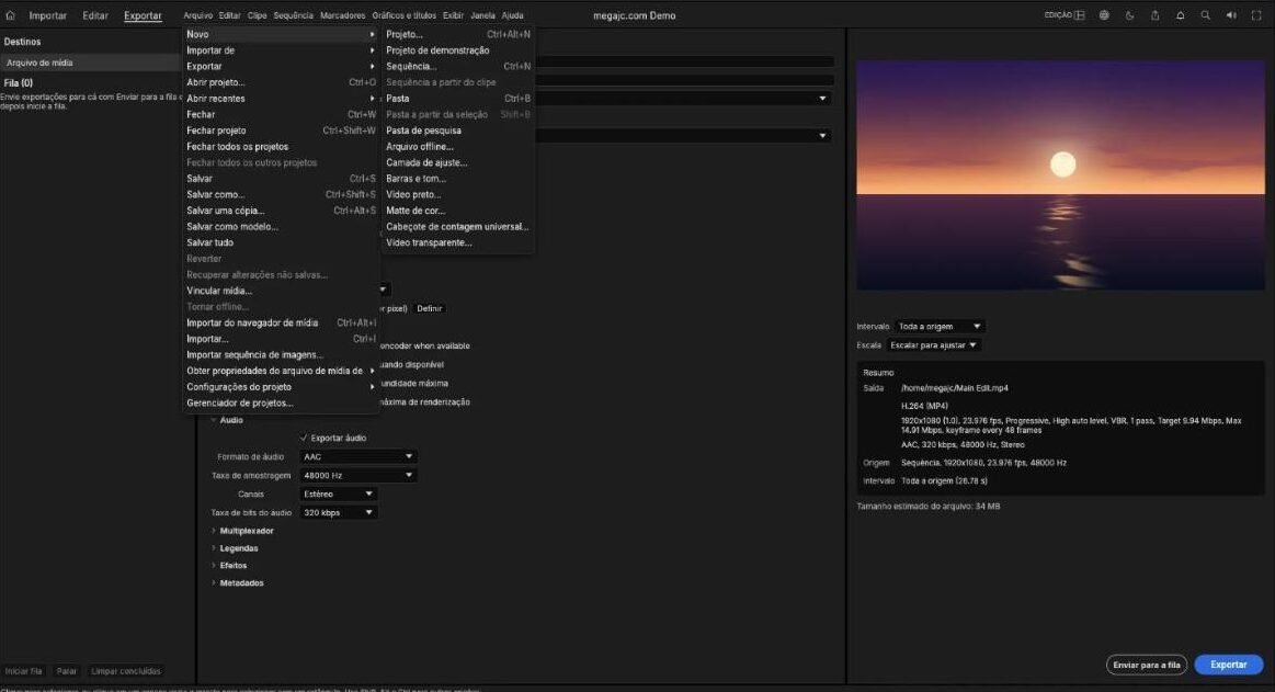 Menu Arquivo do editor
