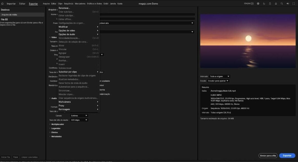Menu Clipe com velocidade, multicâmera e proxy