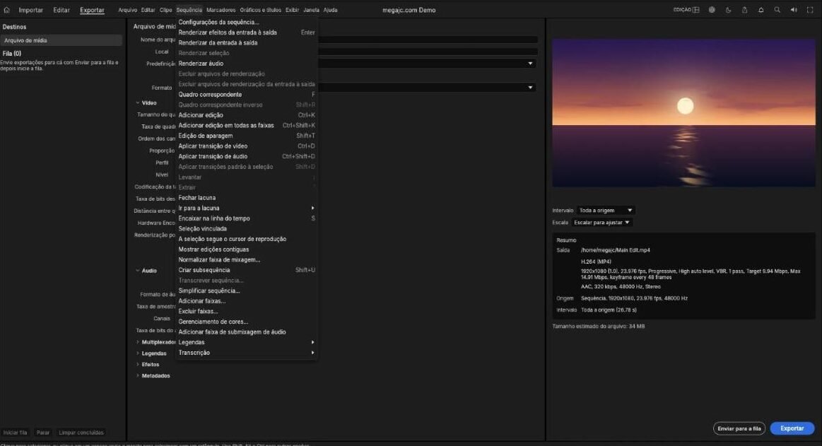 Menu Sequência com renderização, transições e legendas