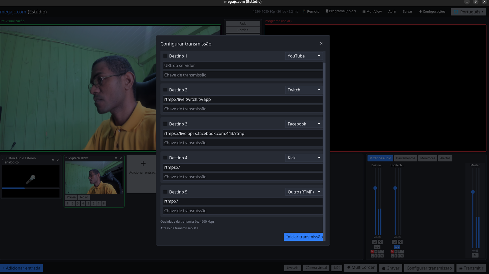 Estúdio: configuração de transmissão para YouTube, Twitch, Facebook, Kick, RTMP e SRT